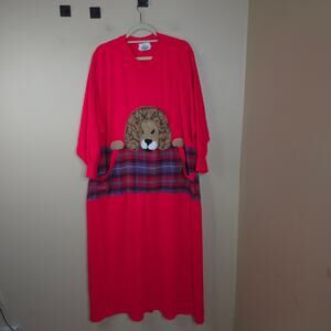 Vintage Beth Michaels Long Sleeve Nightgown Plaid Stuffed Lion in Red Size L